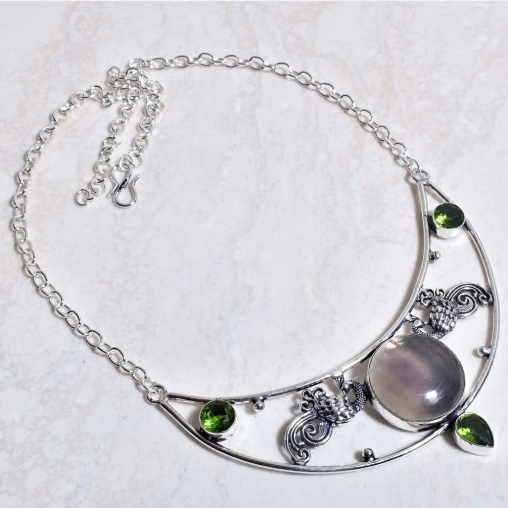 Fluorite Peridot Gemstone Ethnic Handmade Necklace Jewelry 24 Gms